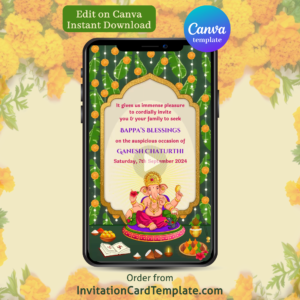 Ganesh Chaturthi at Home Invitation Card Canva Template Video Instant Dowload